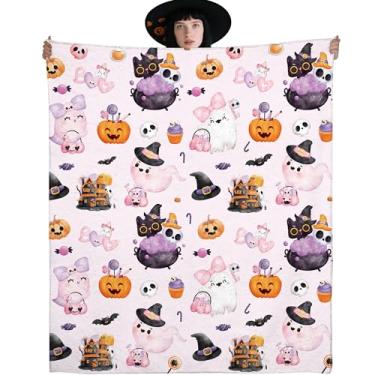Imagem de Cobertor de Halloween para presentes, rosa pastel fofo fantasma abóbora chapéu de bruxa macio aconchegante confortável 50 x 60 cobertor de flanela, presente para meninas, crianças, amigas ou amantes