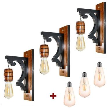 Imagem de Kit 3 Arandelas Luminária Colonial Madeira Mogno + Lâmpada