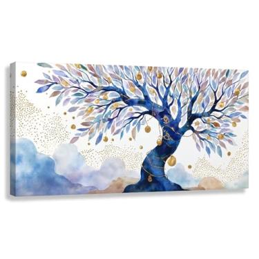 Imagem de Árvore da Vida Arte de Parede Impressão em Tela Harmonia da Vida Folhas Azuis Douradas Decoração Sala de Estar Quarto 40x20cmx1