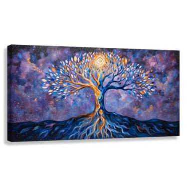 Imagem de Árvore da Vida Arte de Parede Impressão em Tela Fundo Cósmico Decoração de Sala de Estar Fotos Pintura Cores Azul Dourado 40x20cmx1