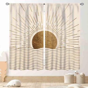 Imagem de Cortinas abstratas de meados do século, boêmio, minimalista, sol, moderno, pôr do sol, nascer do sol, arte geométrica, estampa, retrô, arco, janela, cortina, tratamentos para quarto, sala de estar