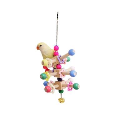 Imagem de Brinquedos giratórios de pássaros coloridos com sinos, brinquedos de mastigar de madeira natural para gaiola, acessórios de gaiola de pássaros mastigáveis para pendurar para calopsita, conure