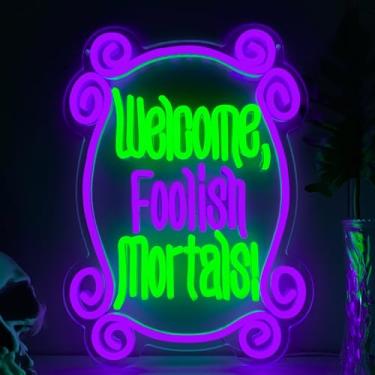 Imagem de Placa de néon Welcome Foolish Mortals, decoração de mansão assombrada, placas de néon de Halloween para decoração de parede, letreiros de néon de caixão gótico assustador de LED regulável, placa de