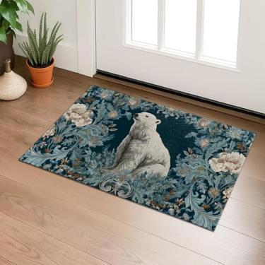 Imagem de SIMFEP Tapete de porta interior floral urso polar, Welcome 74 cm × 43 cm, não tecido, ornamentado, estilo vintage, tapete de urso branco, tapete antiderrapante para porta da frente, varanda, banheiro