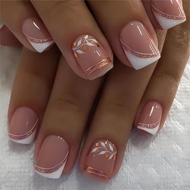Imagem de 24 peças de unhas postiças quadradas curtas unhas postiças de ponta francesa com desenhos de flores coladas em espiral rosa glitter cola em unhas artificiais de verão brilhantes para mulheres