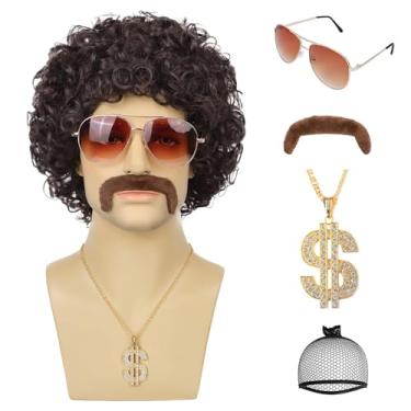 Imagem de YTbeauty Peruca discoteca dos anos 70, 80, com bigode, óculos de sol, colar, corrente dourada, peruca curta afro encaracolada para homens dos anos 60, fantasia hippies, cosplay, festa de Halloween