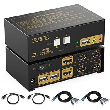 Imagem de Jancane Comutador Kvm Hdmi Para 2 Monitores De Computador, Porta 4K A 30 Hz, Comutadores Usb Compartilhar 3 Dispositivos, Exibição Estendido Com Suporte Teclas Atalho Teclado E Troca Botões Do Paine