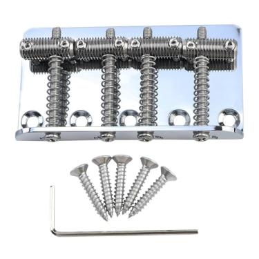 Imagem de OVSAL Ponte para baixo elétrico cromado com placa de selas rosqueadas de aço inoxidável, ponte fixa de 4 cordas, compatível com peças de reposição para ponte de baixo de precisão Fender Jazz estilo