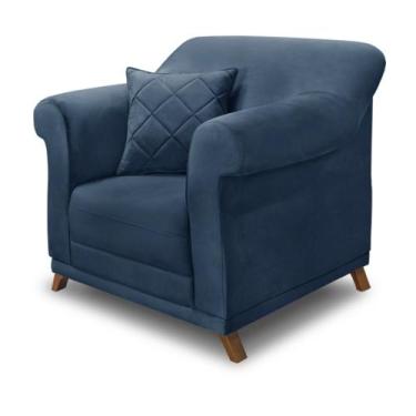 Imagem de Poltrona Decorativa em Veludo Azul Marinho com Pés de Madeira - Amster