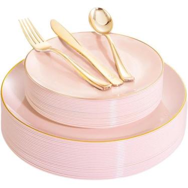 Imagem de Pratos de plástico YOUBET rosa com borda dourada 125 unidades para 25 