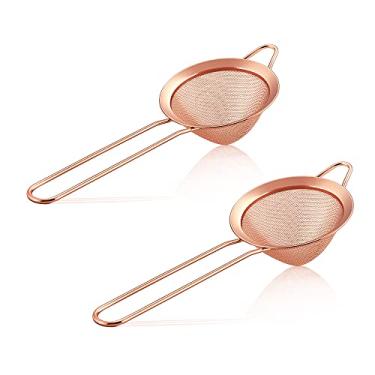 Imagem de Conjunto de 2 coadores de malha fina de aço inoxidável E-far de 8,5 cm com cabo longo, peneira de malha cônica para coquetéis de café, à prova de ferrugem e fácil de limpar (cobre)