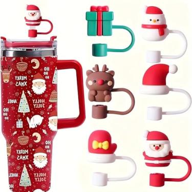 Imagem de Tampa de palha de Natal para Stanley 40 & 850 g Tumbler Rena & Gift Box Designs Stanley Santa Straw Cover Stanley Water Bottle Straw Topper para festa de Natal Papai Noel, 6 peças