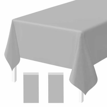 Imagem de FALIZIFU Pacote com 2 toalhas de mesa descartáveis de plástico prateado, toalha de mesa retangular prateada para festa, chá de bebê, casamento, aniversário, toalha de mesa descartável