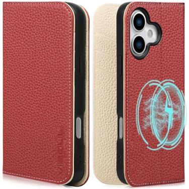 Imagem de VISOUL Capa carteira para iPhone 17 com porta-cartões, capa carteira de couro real com bloqueio de RFID, capa flip fólio projetada para iPhone 17 (6,3 polegadas) - vermelho + branco leitoso