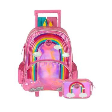 Imagem de Kit Escolar Arco-Íris Mochila Rodas Costas + Estojo Box