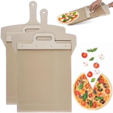 Imagem de 2 peças de casca de pizza deslizante, pá de pizza deslizante de grau alimentício, espátula de pizza antiaderente, placa deslizante de pizza com pano de alta temperatura e alça de plástico, lavável e