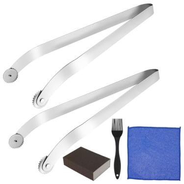 Imagem de 2 pinças giratórias de salsicha para churrasco, aço inoxidável, linguiça, 36 cm de comprimento, pinças de cachorro-quente para churrasco com escova de óleo, pano de prato de esponja para casa, ao ar