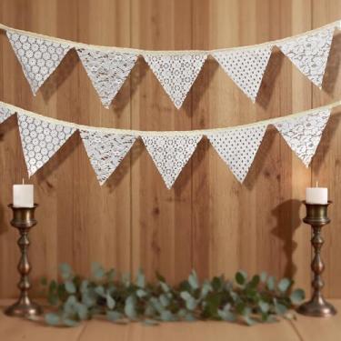 Imagem de Bandeiras Boho vintage de renda floral branca - bandeiras triangulares de tecido bege para casamento, chá de panela, dia dos namorados, decoração de festa de aniversário