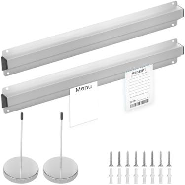 Imagem de 2 peças de rack de verificação deslizante de 40,6 cm, trilho de exibição de alumínio e 2 pinos de clipe de recibo, suporte de pedido de restaurante, rack de exibição de trilho para cozinha, escritório