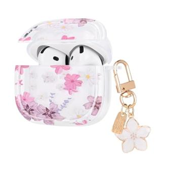Imagem de CameCosy Capa transparente compatível com Airpods 4 Geração 2024 com pingente, capa protetora com padrão de flores rosa e brancas para mulheres, à prova de choque, à prova de poeira, anti-arranhões