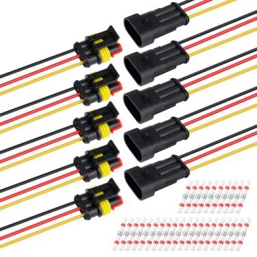 Imagem de TMH 5 conjuntos de conectores elétricos de 3 pinos macho e fêmea, 10 cm. Conectores de fio à prova d'água 22 AWG automotivos de 3 vias com tubo termorretrátil para conexão de fio de carro, caminhão