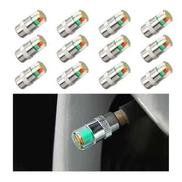 Imagem de Yourkar 12 peças de tampas de haste de válvula de monitor de pressão de pneu, indicador de sensor de pressão de pneu de carro de 2,4 bar 36PSI com alerta ocular de 3 cores, tampas de haste de válvula