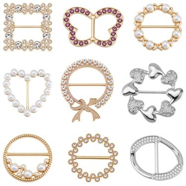 Imagem de GORGECRAFT 9 peças, 9 estilos, clipes de anel de suéter, liga metálica, redondo, coração, laço, imitação de pérola, strass, roupas, canto, botão, fivela, broche, alfinetes, para camiseta, cachecol