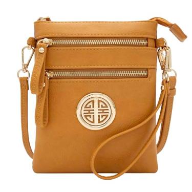 Imagem de Solene Organizador feminino de couro sintético com vários bolsos com zíper e bolsa tiracolo removível, Mostarda, Small