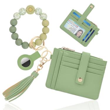 Imagem de Sunpour Chaveiro de pulso com carteira, porta-cartão RFID com AirTag, pulseira de contas de silicone impressa e bolsa de moedas, Verde, 0.3*4.97*3.6