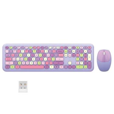 Imagem de Combo de teclado e mouse sem fio de tamanho completo, teclado de membrana silencioso fino e leve, lindas cores doces, sem fio USB de 2,4 G, compatível com notebook, PC (roxo)