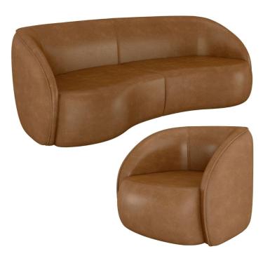 Imagem de Kit Sofá 4 Lugares Eron 288cm Com Poltrona Giratória Angelina M03 Couríssimo Whisky - Lyam Decor