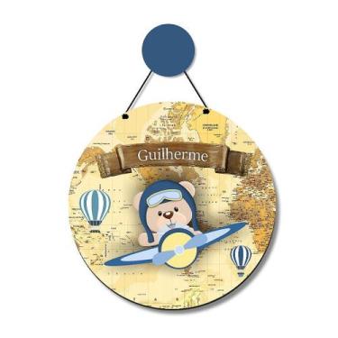 Imagem de Enfeite Porta Maternidade MDF Ursinho Aviador com Mapa e Nome Personal