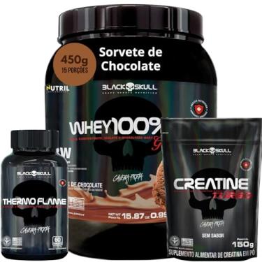 Imagem de Kit Whey 100% HD POTE Gourmet 450g + Creatina Monohidratada Turbo 150g + Termogênico Thermo Flame 60 caps- Combo Ganho de Massa Muscular (450g, Whey Sorvete de Chocolate)