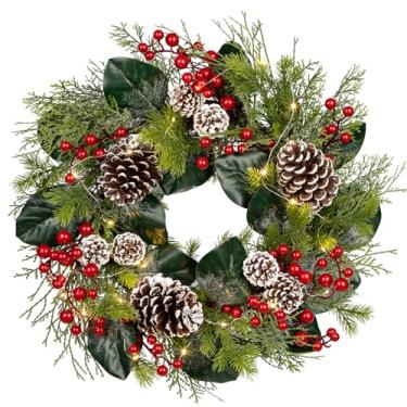 Imagem de Guirlanda de Natal artificial de 50 cm para uso ao ar livre com frutas vermelhas e pinhas flocadas, guirlanda de Natal para decoração de festa de inverno e Natal