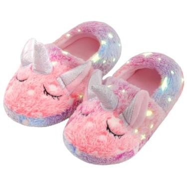 Imagem de WOYASIM Chinelos infantis de unicórnio felpudos luminosos, rosa, 10-11 Little Kid