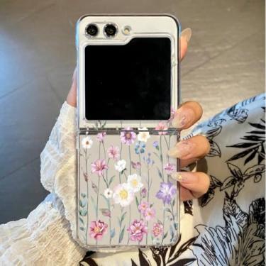 Imagem de Capa para Samsung Galaxy Z Flip6 com estampa floral, transparente, rígida e à prova de choque (para Samsung Galaxy Z Flip6/A677)