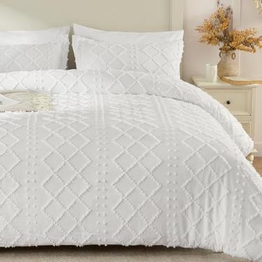 Imagem de VACVELT 5 peças de capa de edredom boho, tamanho casal, capa de edredom tufada branca com zíper e 8 laços, sem edredom, roupa de cama texturizada chique para fazenda, microfibra respirável e macia