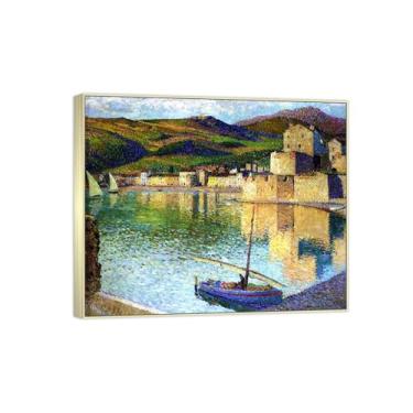 Imagem de BMZFYBS Pintura famosa em tela - imagem de arte de parede de paisagem - barco azul no porto - pôster moldura prata para decoração de casa 70 x 85 cm 27 x 33 pol