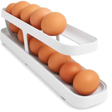 Imagem de Organizador de Ovos de Geladeira 2 Camadas Rolante – Dispenser Automático com Capacidade para 14 Ovos – Plástico Resistente, Empilhável e Deslizante para Cozinha e Refrigerador