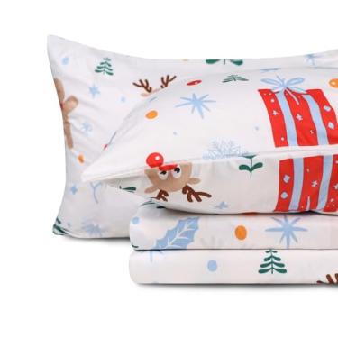 Imagem de Gogreen Jogo de cama casal com bolso profundo de 4 peças, respirável e ultra macio, decoração de Natal estilo hotel, presentes para crianças, mulheres, homens - veado de neve de Natal