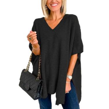 Imagem de Suéter poncho com decote em V envolto em asa de morcego e manga curta 