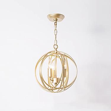 Imagem de YQSLQZZ Lustre American Country, luminária pendente de gaiola de ferro esférica dourada com 3 luzes, luz de teto semi-embutida ajustável em altura, para sala de estar, quarto, sala de jantar