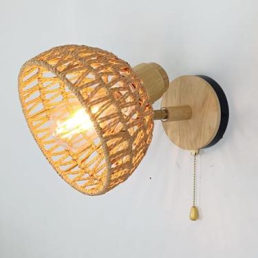Imagem de Arandela De Parede Trançada De Corda, Lâmpada De Parede De Cabeceira De Madeira Com Interruptor De Cordão, Luz De Parede De Design De Tecelagem De Vime, Luminária E27, Lâmpadas De Parede In