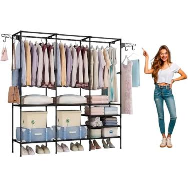 Imagem de Arara Guarda-Roupa Tripla com Sapateira e 8 Prateleiras de Chão - Cabideiro Multiuso para Organização Completa