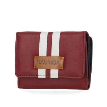 Imagem de Nautica Rower's End Carteira pequena para mulheres, porta-cartão de crédito fino com bloqueio de RFID com bolso para moedas, carteira feminina compacta dobrável com janela para identidade, Vinho
