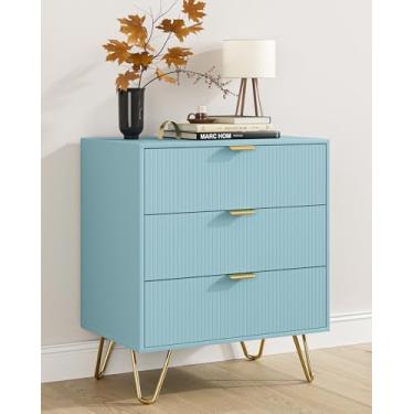Imagem de AEPOALUA Cômoda canelada com 3 gavetas para quarto, cômoda pequena e moderna, cômoda de armazenamento, armário organizador para quarto, sala de estar, corredor (azul)