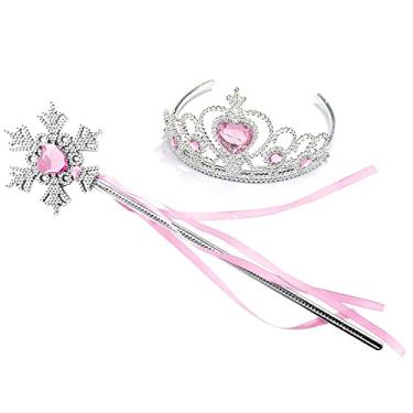 Imagem de Kuzhi Conjunto de tiara e varinha princesa Elsa Crown — Joia de coração prata, Rosa claro, varinha de floco de neve, Medium