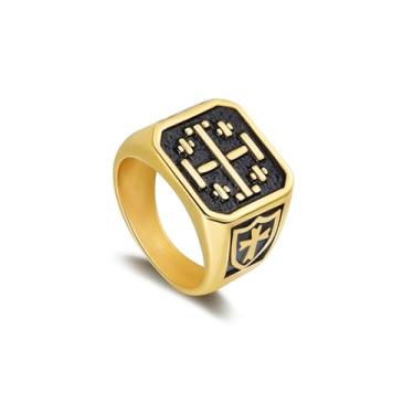Imagem de Anel masculino com cruz de aço inoxidável, estilo vintage com padrões de cruz e escudo para homens com 3 cores de aço/ouro/preto, tamanhos 7-13, Sem pedra preciosa