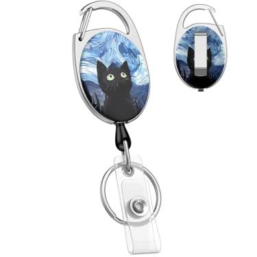 Imagem de Uniclife Carretel de crachá retrátil para porta-crachás Starlit Sky e Cat Heavy Duty Retrátil Invólucro ABS Forte