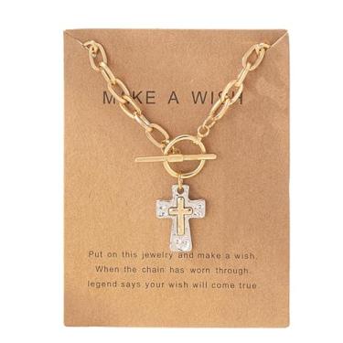 Imagem de JIFUYEFUJI Colar de cruz grossa, encantador colar com pingente de cruz personalizado de camada dupla feito de ouro e prata, joia simples e elegante, um presente para o primeiro batismo religioso, Free